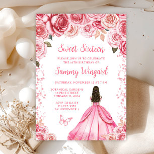 Rose Pink Brown Hair Princess Sweet Sixteen Invitation