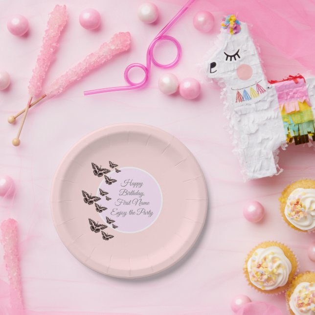 Rose pink butterflies paper plate (Party)