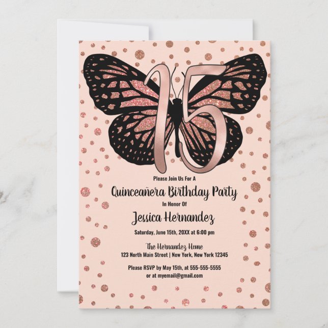 Rose Pink Butterfly Glitter Confetti Quinceañera Invitation (Front)