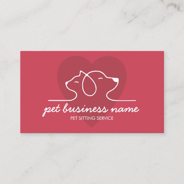 Rose Pink cat and dog together in heart Business Card (Front)