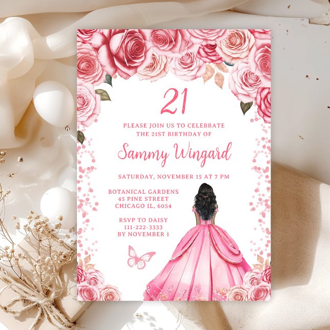 Rose Pink Dark Skin Princess Birthday Party Invitation (Creator Uploaded)