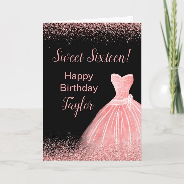 Rose Pink Dress Faux Glitter Sweet 16 Birthday Card (Front)