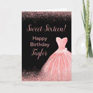 Rose Pink Dress Faux Glitter Sweet 16 Birthday Card