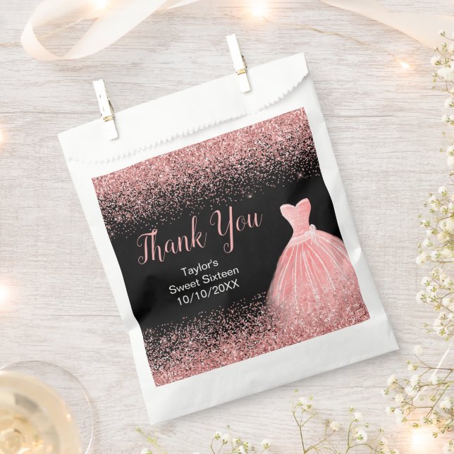 Rose Pink Dress Faux Glitter Sweet 16 Birthday Favour Bag (Clipped)