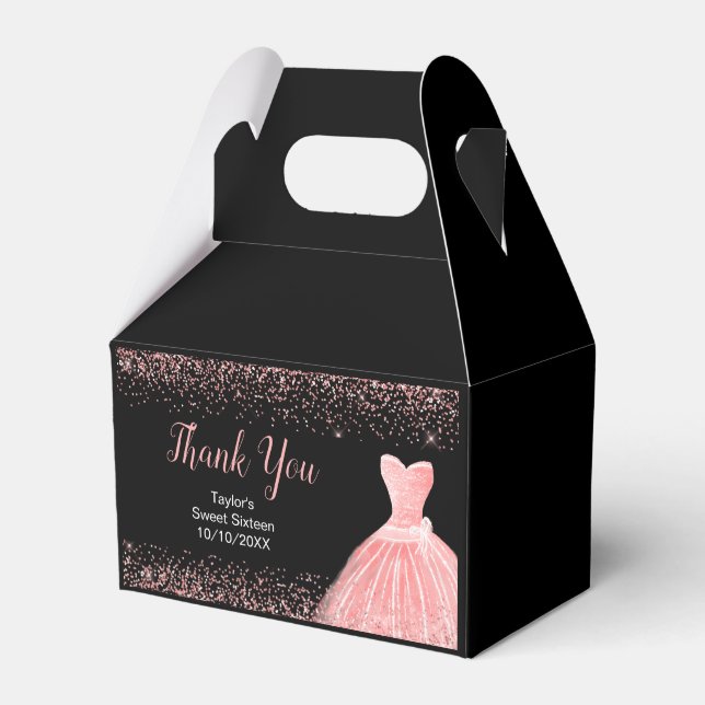 Rose Pink Dress Faux Glitter Sweet 16 Birthday Favour Box (Front Side)