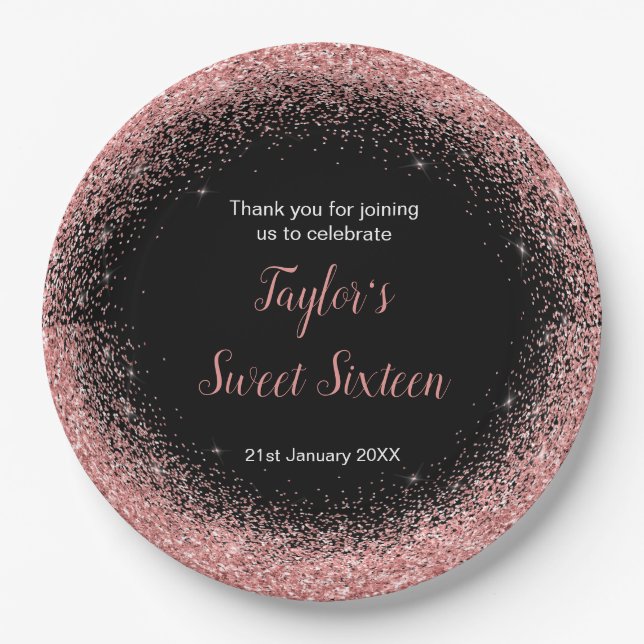 Rose Pink Dress Faux Glitter Sweet 16 Birthday Paper Plate (Front)
