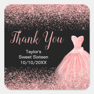 Rose Pink Dress Faux Glitter Sweet 16 Birthday Square Sticker