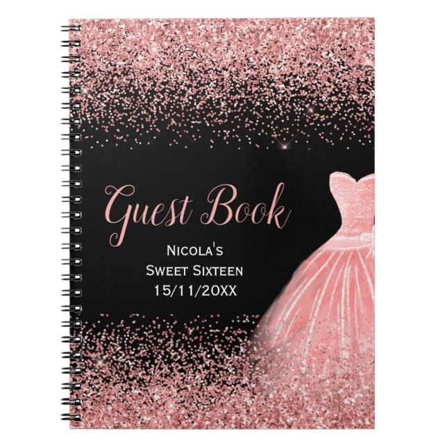 Rose Pink Dress Faux Glitter Sweet 16 Guest Book (Front)
