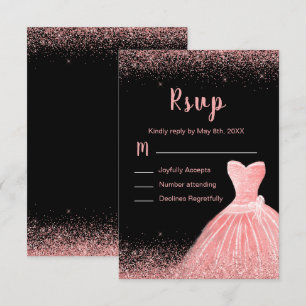 Rose Pink Dress Faux Glitter Sweet Quinceanera RSVP Card
