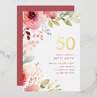Rose Pink Floral 50th Birthday Invitation