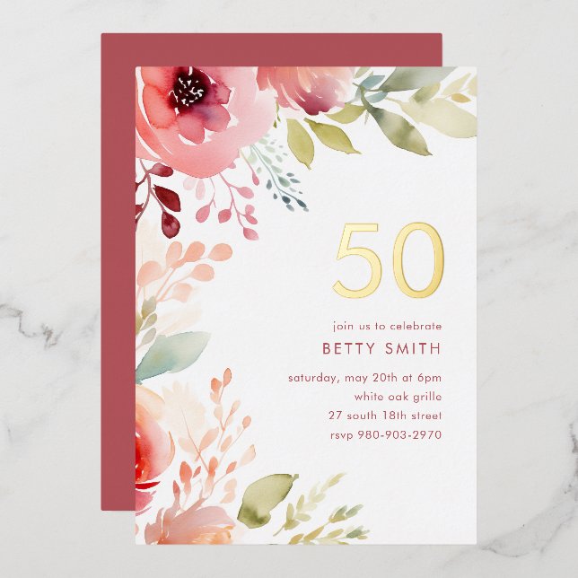 Rose Pink Floral 50th Birthday Invitation (Front/Back)