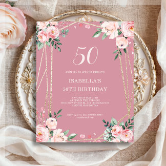 Rose Pink Floral 50th Budget Birthday Invitation