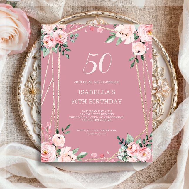 Rose Pink Floral 50th Budget Birthday Invitation (Creator Uploaded)