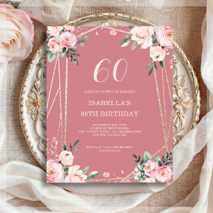 Rose Pink Floral 60th Budget Birthday Invitation