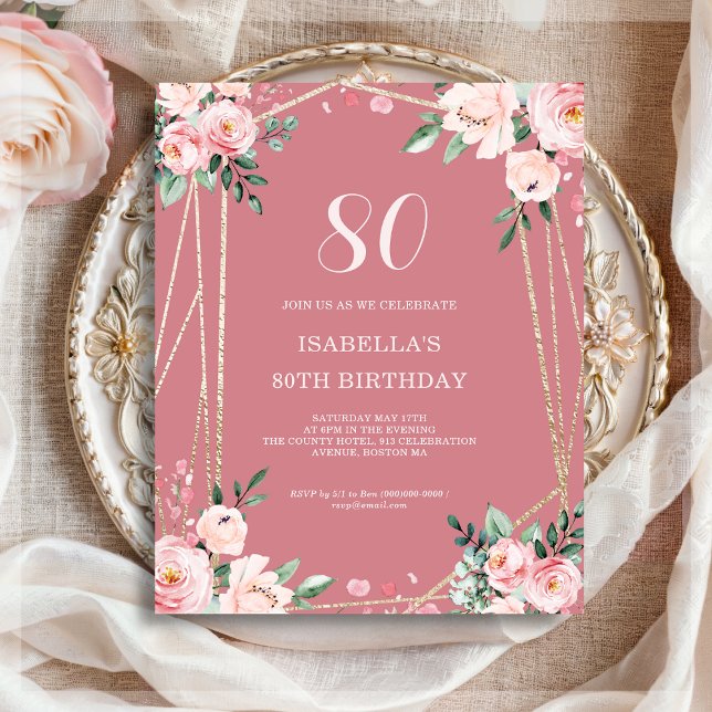 Rose Pink Floral 80th Budget Birthday Invitation (Creator Uploaded)