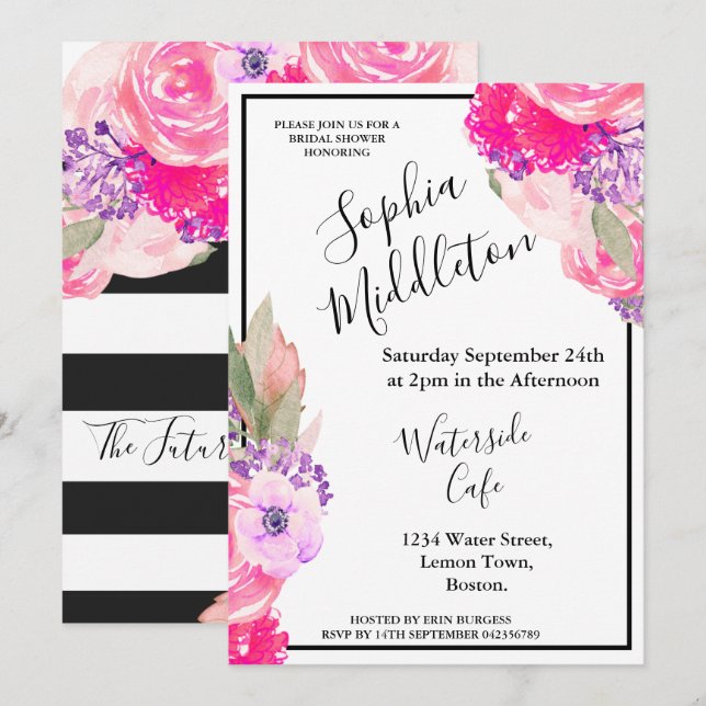 Rose Pink Floral Black White  Stripe Modern Chic Invitation (Front/Back)