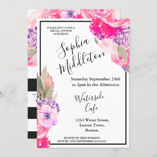 Rose Pink Floral Black White Stripe Modern Chic Invitation