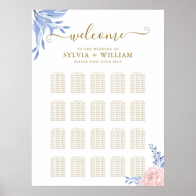 Rose Pink Floral Gold Blue Wedding Seating Charts (Front)