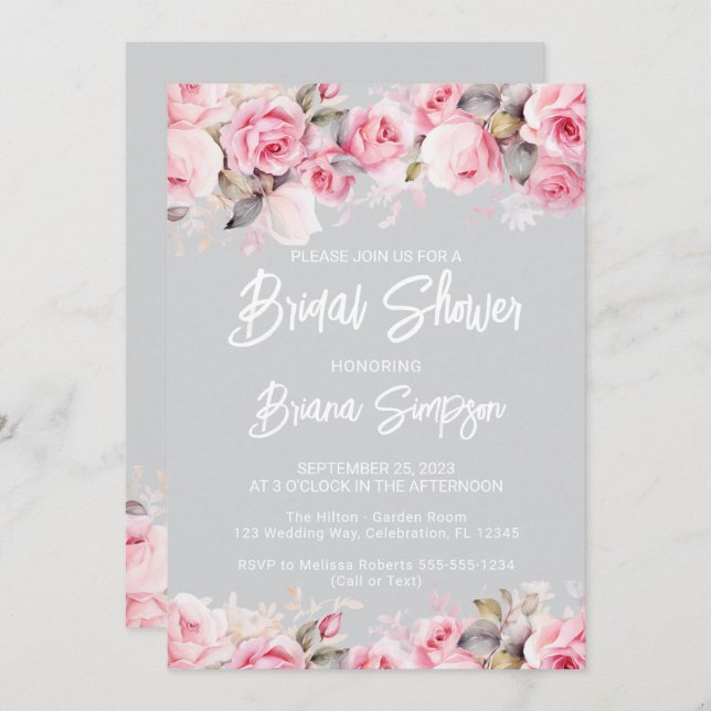 Rose Pink Floral Gray Bridal Shower  Invitation (Front/Back)