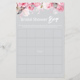 Rose Pink Floral Grey Bridal Shower Game BINGO