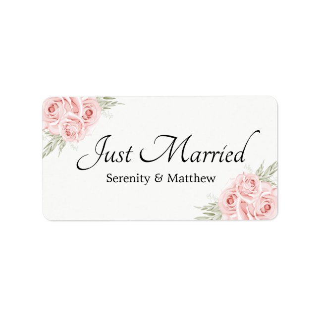 Rose Pink Floral Just Married Wedding Announcement Label (Front)