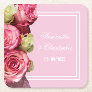 Rose pink floral wedding square paper coaster