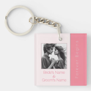 Rose Pink Forever Begins Elegant Photo Wedding Key Ring