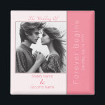 Rose Pink Forever Begins Modern Photo Wedding Magnet<br><div class="desc">The design is an elegant and minimalistic one featuring the theme of "Forever Begins" in rose pink. The template wedding magnet includes customisable typography fields for the wedding theme, introduction, the bride's and groom's names, the together symbol, and the wedding date. It is a simply elegant addition to your event....</div>