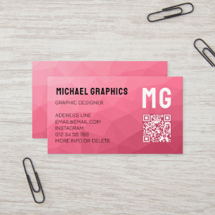 Rose pink geometric mesh pattern QR code Monogram Business Card