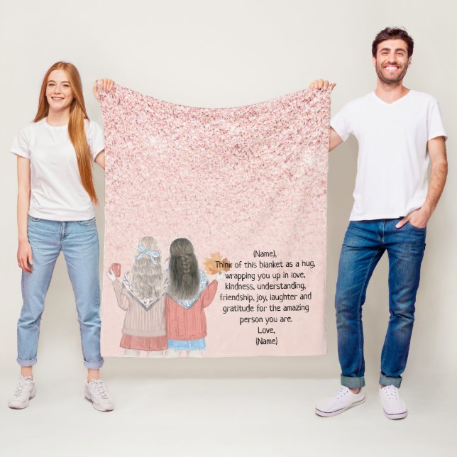Rose Pink Glitter Effect Two Girls Letter Note Fleece Blanket (In Situ)