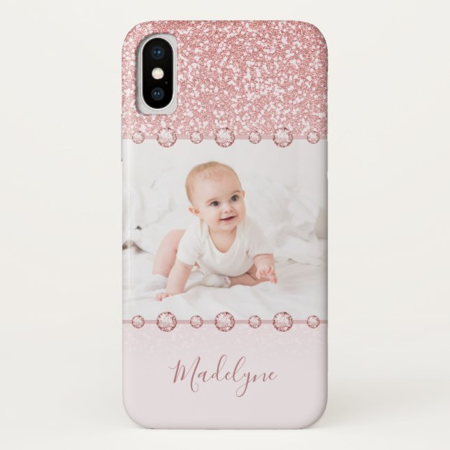 Rose Pink Glitter Rhinestone Name Photo Case-Mate iPhone Case (Back)