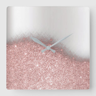 Rose Pink Glitter Silver Grey Minimal Metallic Square Wall Clock