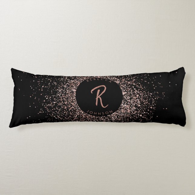 Rose Pink Gold & Black Glitter Frame Monogram Body Cushion (Front)