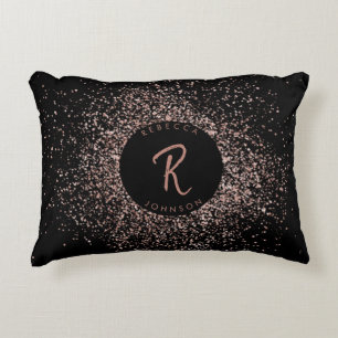 Rose Pink Gold & Black Glitter Frame Monogram Decorative Cushion