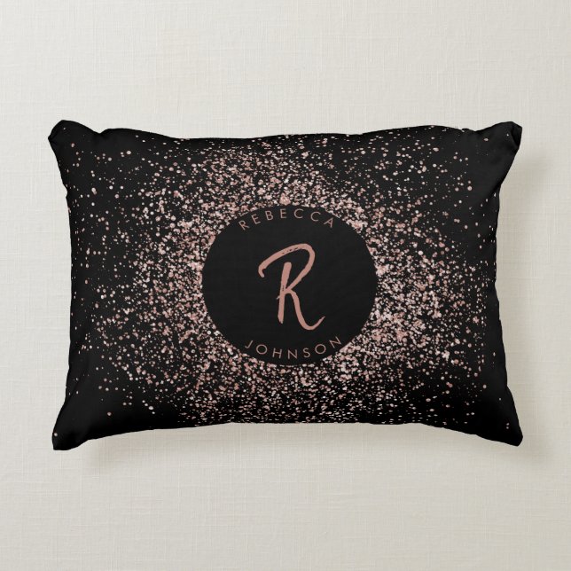 Rose Pink Gold & Black Glitter Frame Monogram Decorative Cushion (Front)