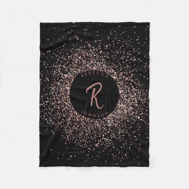 Rose Pink Gold & Black Glitter Frame Monogram Fleece Blanket (Front)