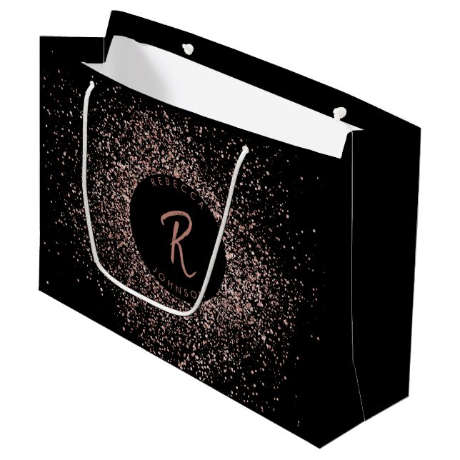 Rose Pink Gold & Black Glitter Frame Monogram Large Gift Bag (Front Angled)