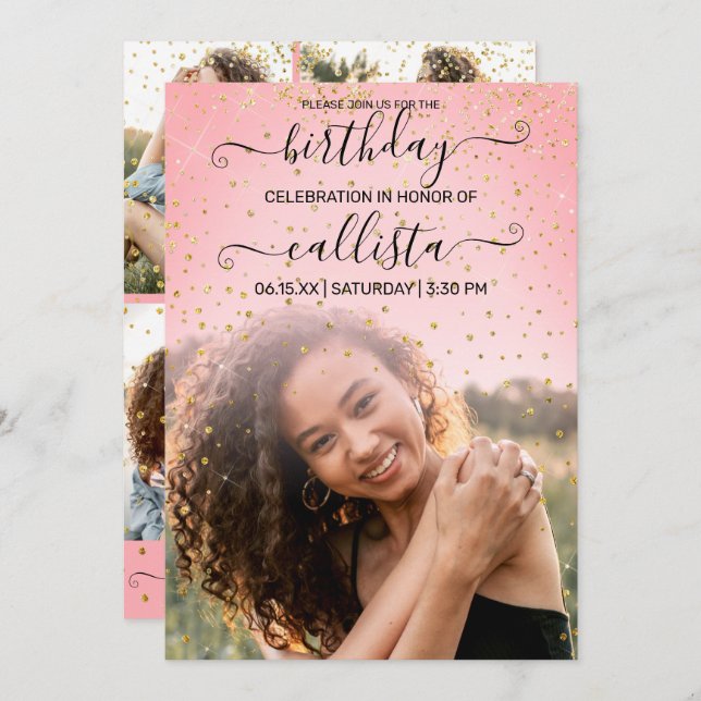 Rose Pink Gold Confetti Photo Collage Birthday Invitation (Front/Back)