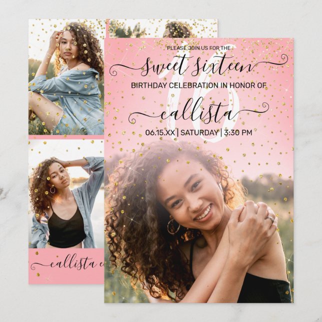 Rose Pink Gold Confetti Photo Collage Sweet 16 Invitation (Front/Back)