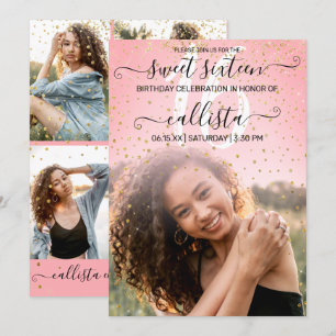 Rose Pink Gold Confetti Photo Collage Sweet 16 Invitation