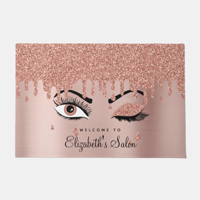 Rose Pink Gold Eyelashes Dripping Glitter Business Doormat (Front)