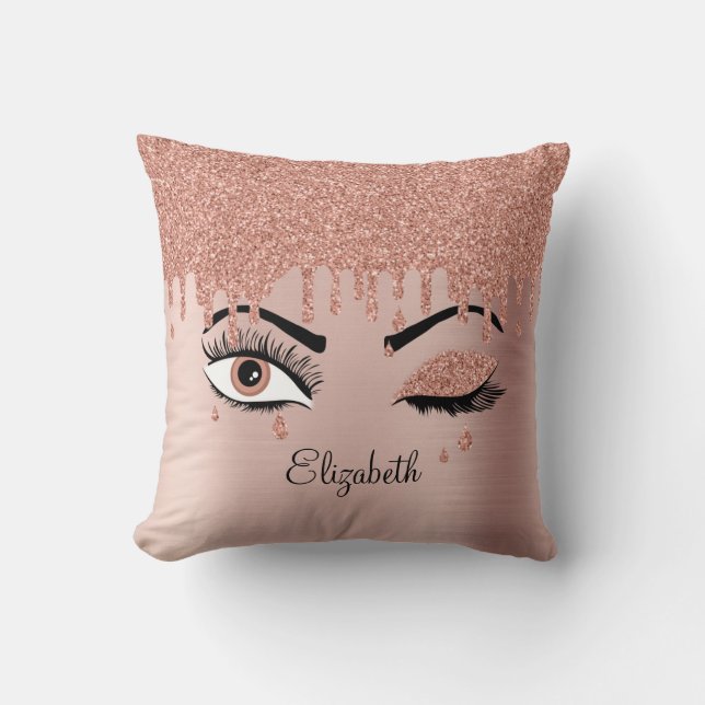 Rose Pink Gold Eyelashes Dripping Glitter Cushion (Front)