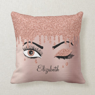 Rose Pink Gold Eyelashes Dripping Glitter Cushion