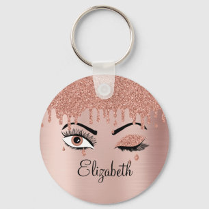 Rose Pink Gold Eyelashes Dripping Glitter Key Ring