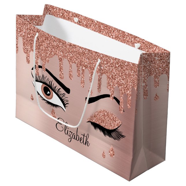 Rose Pink Gold Eyelashes Dripping Glitter  Large Gift Bag (Front Angled)