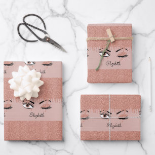 Rose Pink Gold Eyelashes Dripping Glitter Name Wrapping Paper Sheet