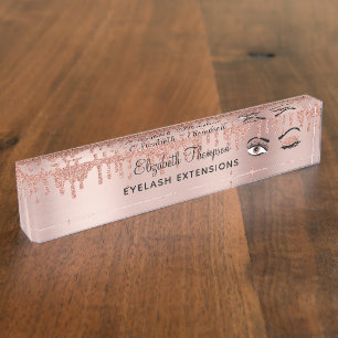 Rose Pink Gold Eyelashes Dripping Glitter Nameplate
