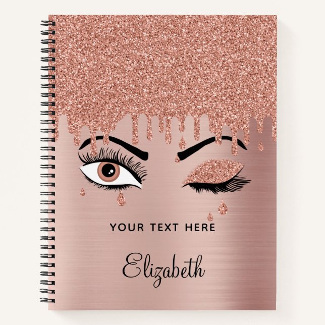 Rose Pink Gold Eyelashes Dripping Glitter Notebook (Front)