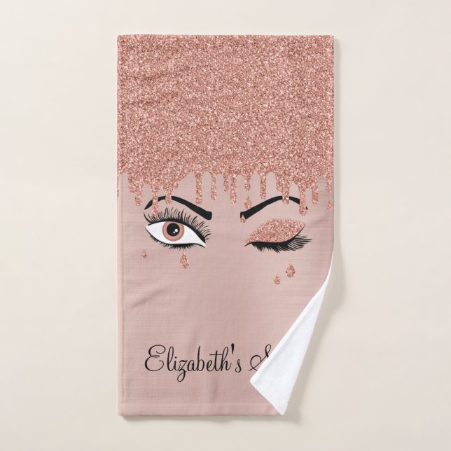 Rose Pink Gold Eyelashes Dripping Glitter Salon Hand Towel (Hand Towel)