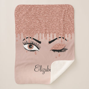 Rose Pink Gold Eyelashes Dripping Glitter  Sherpa Blanket